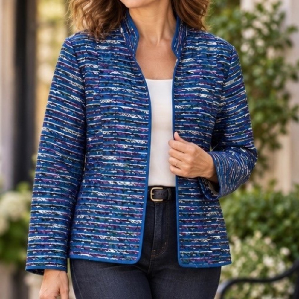 Chico's Striped Artisian Multi Color Textured Open Front Jacket Sz 16 XL 3 Blue